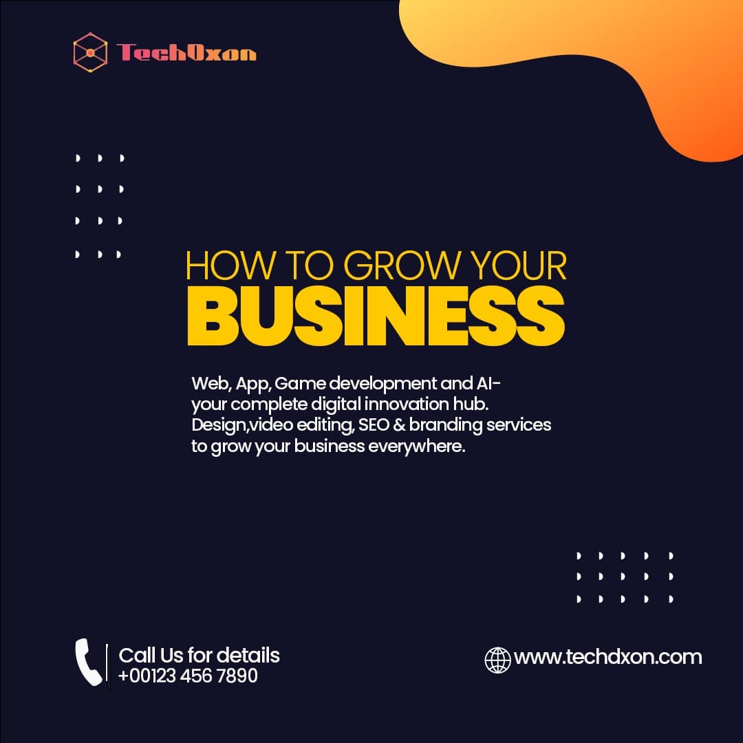 A clean dark-navy service post for TechDxon — showcasing their full digital suite with striking yellow headline and fluid orange accent shape.