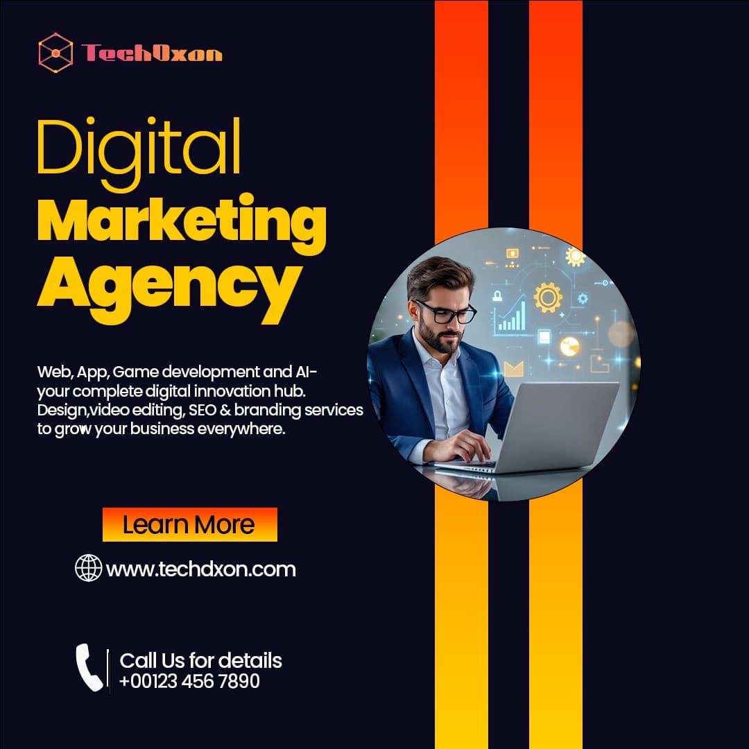 Bold agency promo for TechDxon — red & orange vertical stripes frame a circular headshot with clear service messaging and a Learn More CTA.