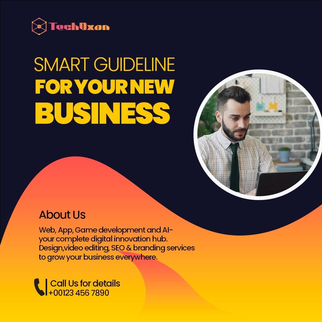 Warm gradient meets dark navy in this TechDxon About Us post — guiding new businesses with a professional tone and clean two-tone layout.